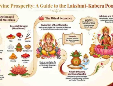 Illustrated guide showing the steps, rituals, mantras, and preparation process for Diwali Lakshmi Kubera Pujan for wealth and prosperity.
