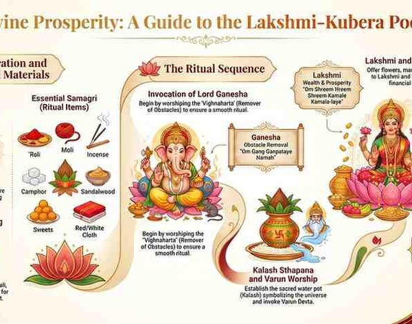 Illustrated guide showing the steps, rituals, mantras, and preparation process for Diwali Lakshmi Kubera Pujan for wealth and prosperity.