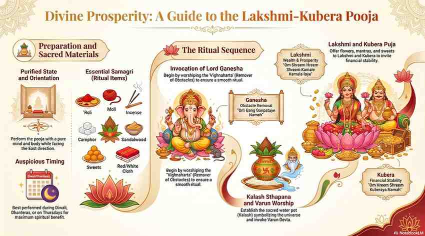 Illustrated guide showing the steps, rituals, mantras, and preparation process for Diwali Lakshmi Kubera Pujan for wealth and prosperity.