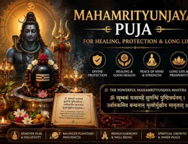 Lord Shiva with Shiva Lingam during Mahamrityunjaya Puja, surrounded by sacred lamps, mantras, and ritual offerings for healing, protection, and long life.