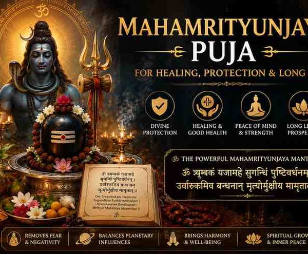 Lord Shiva with Shiva Lingam during Mahamrityunjaya Puja, surrounded by sacred lamps, mantras, and ritual offerings for healing, protection, and long life.