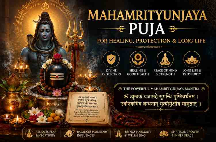 Lord Shiva with Shiva Lingam during Mahamrityunjaya Puja, surrounded by sacred lamps, mantras, and ritual offerings for healing, protection, and long life.