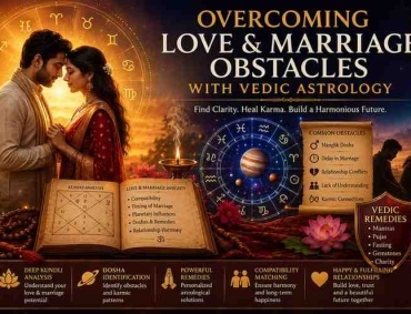 Romantic couple surrounded by Vedic astrology symbols, kundli charts, and spiritual remedies illustrating solutions for love and marriage obstacles.
