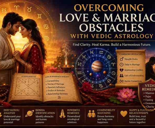 Romantic couple surrounded by Vedic astrology symbols, kundli charts, and spiritual remedies illustrating solutions for love and marriage obstacles.