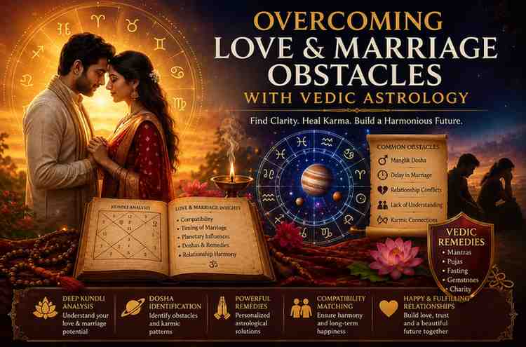 Romantic couple surrounded by Vedic astrology symbols, kundli charts, and spiritual remedies illustrating solutions for love and marriage obstacles.