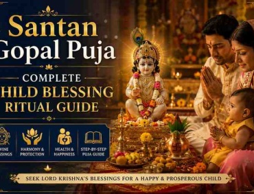 Family performing Santan Gopal Puja with a baby Krishna idol, traditional diya lamps, flowers, and sacred offerings during a child blessing ritual ceremony.