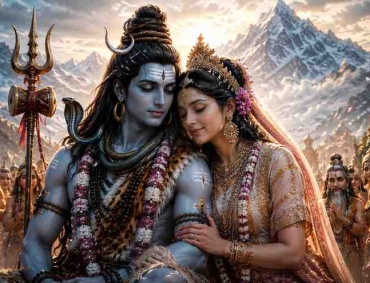 Lord Shiva and Goddess Parvati seated together during their divine wedding ceremony in the Himalayas, symbolizing spiritual union, love, and authentic living beyond societal expectations.