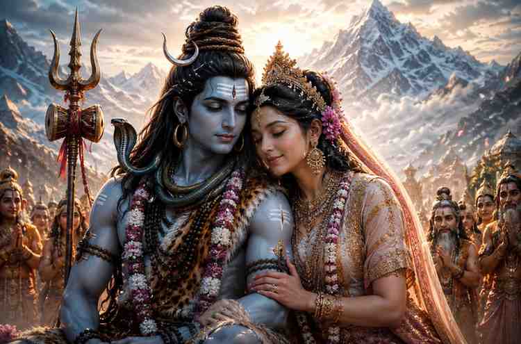 Lord Shiva and Goddess Parvati seated together during their divine wedding ceremony in the Himalayas, symbolizing spiritual union, love, and authentic living beyond societal expectations.