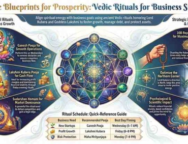 Infographic explaining Vedic rituals for business success, including Ganesh Pooja, Lakshmi Kubera Pooja, mantra chanting, and prosperity practices for entrepreneurs.