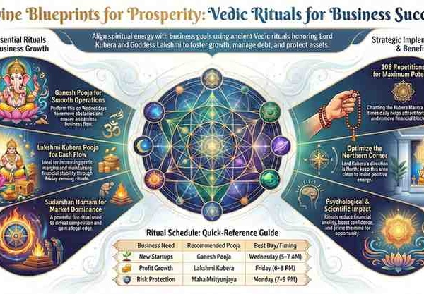 Infographic explaining Vedic rituals for business success, including Ganesh Pooja, Lakshmi Kubera Pooja, mantra chanting, and prosperity practices for entrepreneurs.