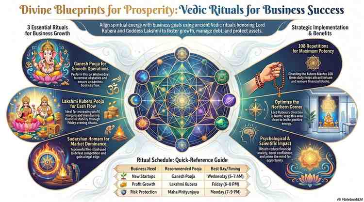Infographic explaining Vedic rituals for business success, including Ganesh Pooja, Lakshmi Kubera Pooja, mantra chanting, and prosperity practices for entrepreneurs.