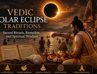 Vedic priest performing sacred rituals by a riverside temple during a solar eclipse, symbolizing spiritual purification, ancient remedies, and divine wisdom.