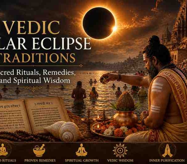 Vedic priest performing sacred rituals by a riverside temple during a solar eclipse, symbolizing spiritual purification, ancient remedies, and divine wisdom.