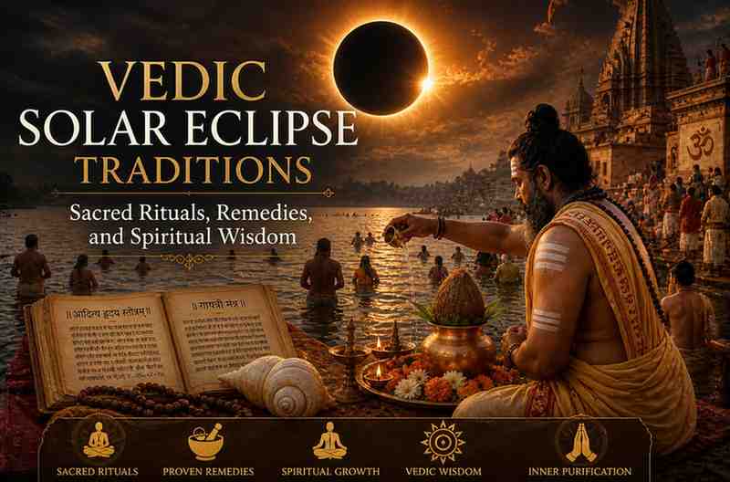 Vedic priest performing sacred rituals by a riverside temple during a solar eclipse, symbolizing spiritual purification, ancient remedies, and divine wisdom.