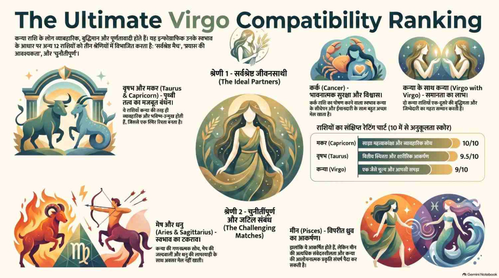 Hindi chart showing Kanya Rashi (Virgo) compatibility rankings with all 12 zodiac signs.
