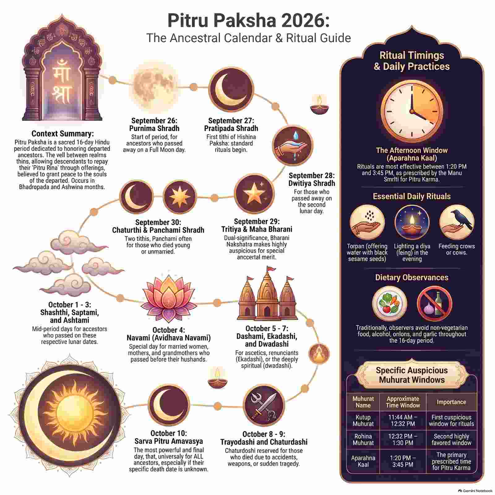 Pitru Paksha 2026 calendar and complete Mahalaya Shradh tithi dates infographic