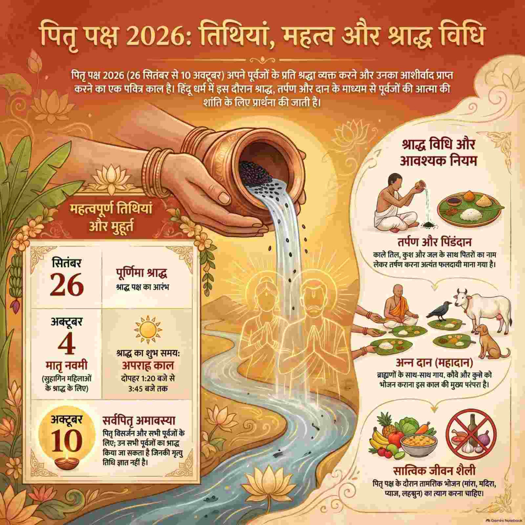 Devotee performing the Tarpan ritual by offering water and black sesame seeds to ancestors during Pitru Paksha