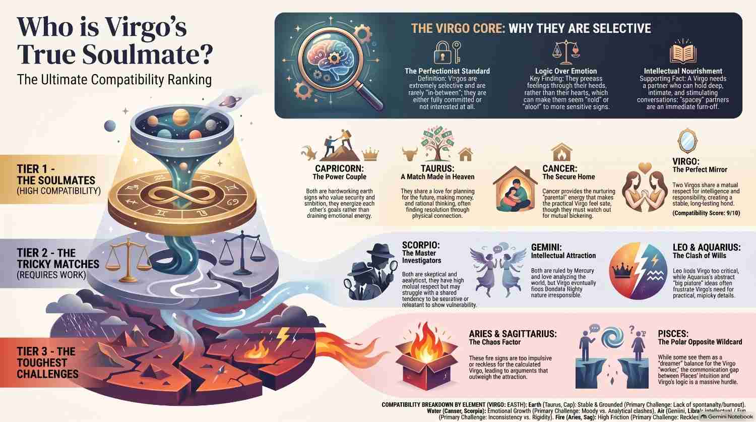 A complete tier-based ranking of all 12 zodiac signs detailing Virgo soulmate compatibility from best to worst.