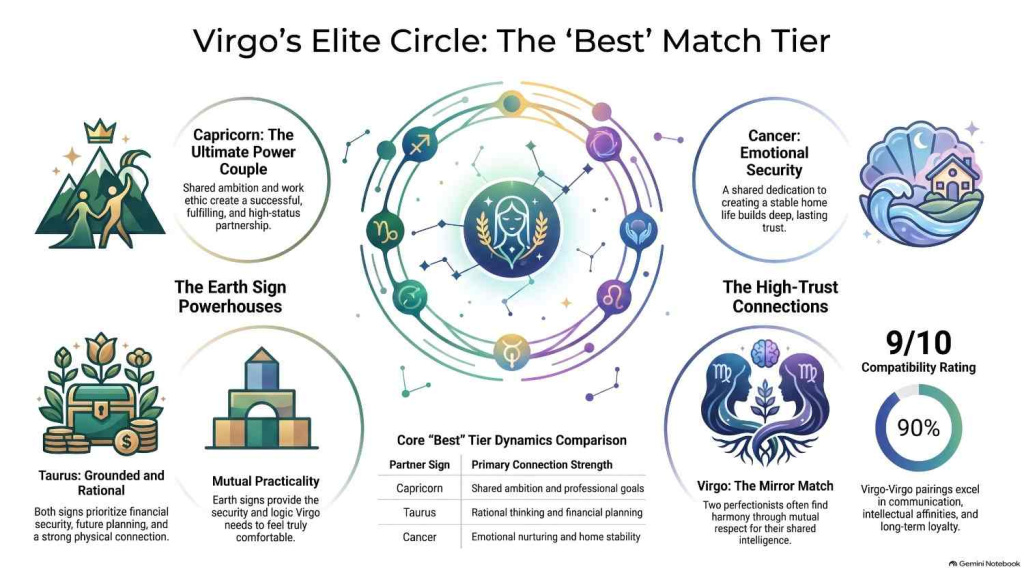 Graphic highlighting Taurus, Capricorn, and Cancer as the absolute best soulmate matches for Virgo.