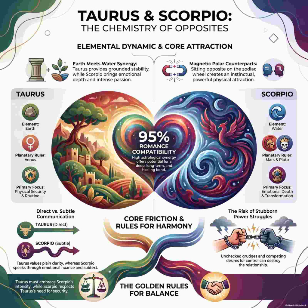 Explore the astrological connection between Taurus and Scorpio in this infographic. Discover their ruling planets, elements, personality traits, shared values, romantic chemistry, and the reasons these opposite zodiac signs can feel drawn to each other.