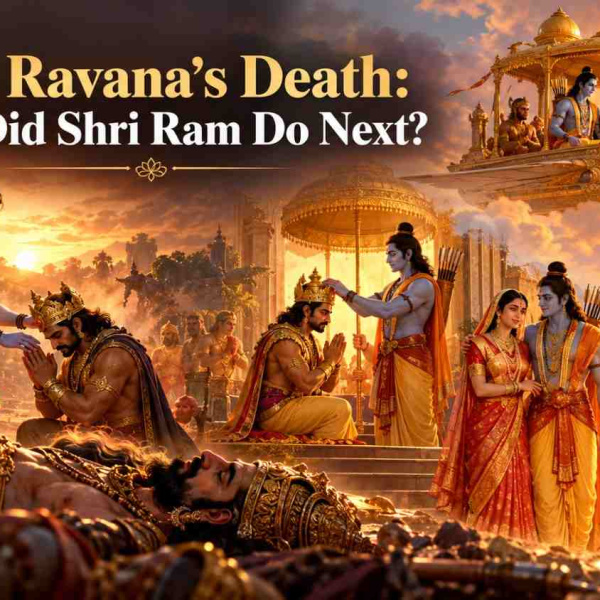 Shri Ram, Mata Sita and Lakshmana preparing to return to Ayodhya after Ravana's defeat in the Ramayana.