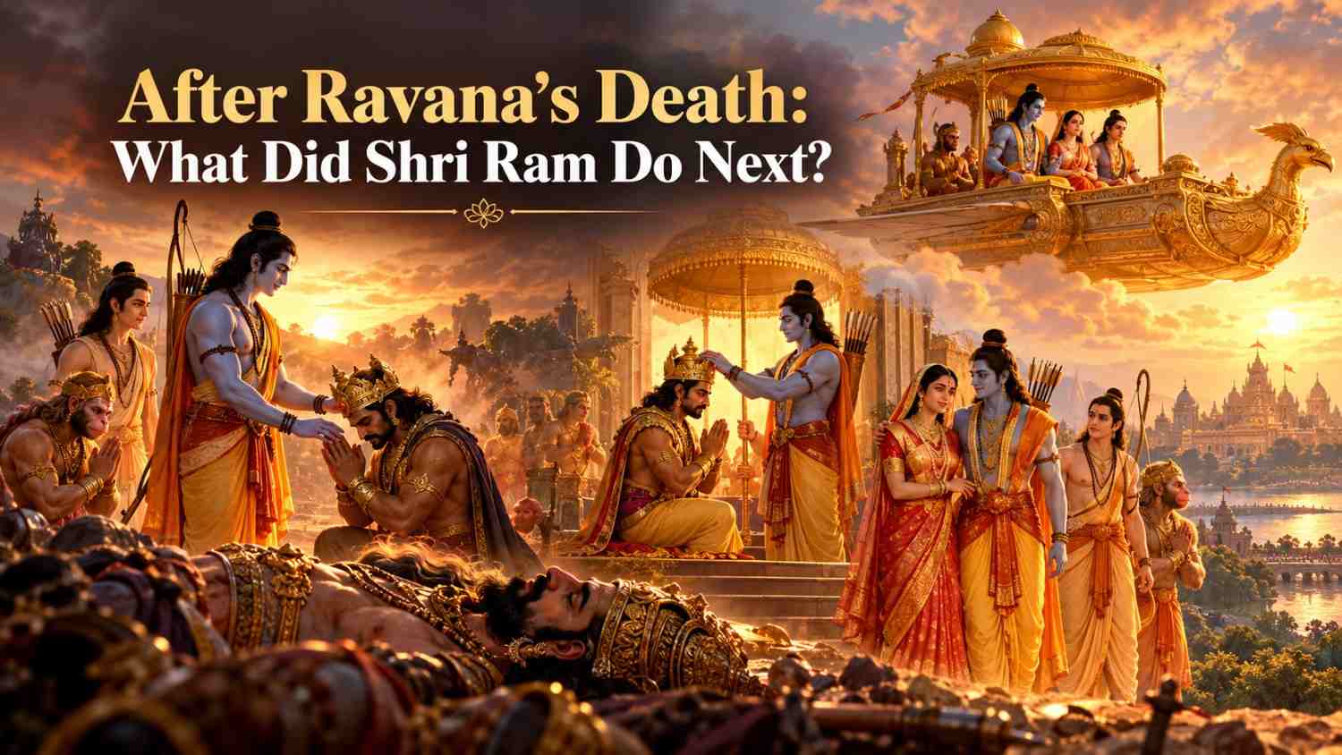 Shri Ram, Mata Sita and Lakshmana preparing to return to Ayodhya after Ravana's defeat in the Ramayana.