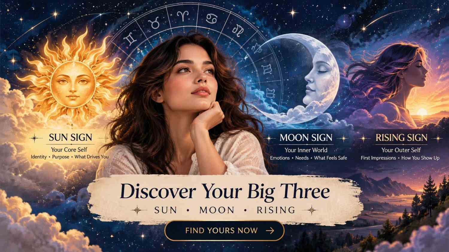 Discover your Big Three in astrology: Sun sign, Moon sign, and Rising sign explained with celestial imagery.