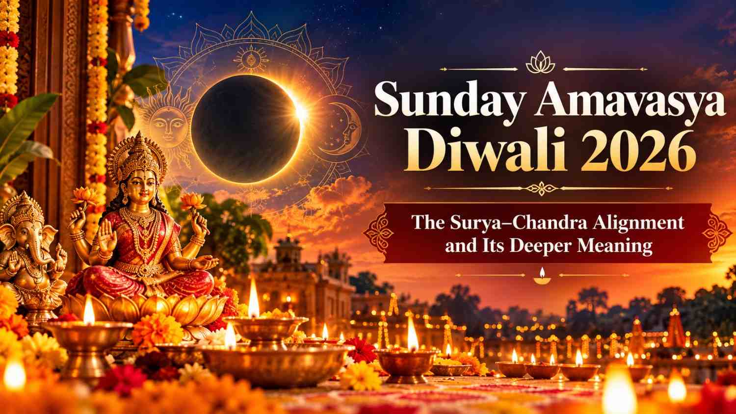 Diwali 2026 celebration with glowing diyas, a golden Sun and Moon motif, and a traditional festive altar symbolising the Surya–Chandra alignment.