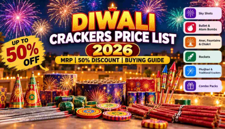 Diwali crackers price list 2026 featuring sky shots, rockets, anar, chakri, phuljhari and combo packs