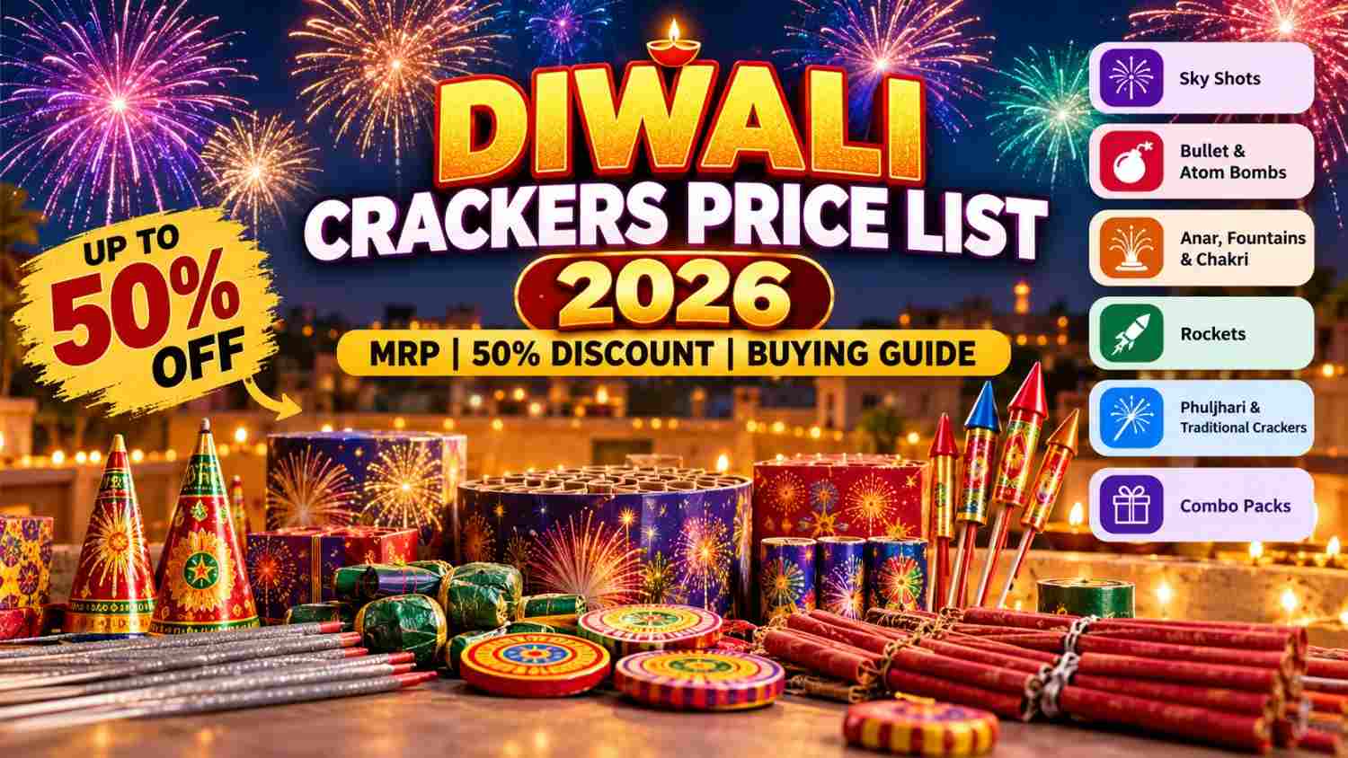 Diwali crackers price list 2026 featuring sky shots, rockets, anar, chakri, phuljhari and combo packs