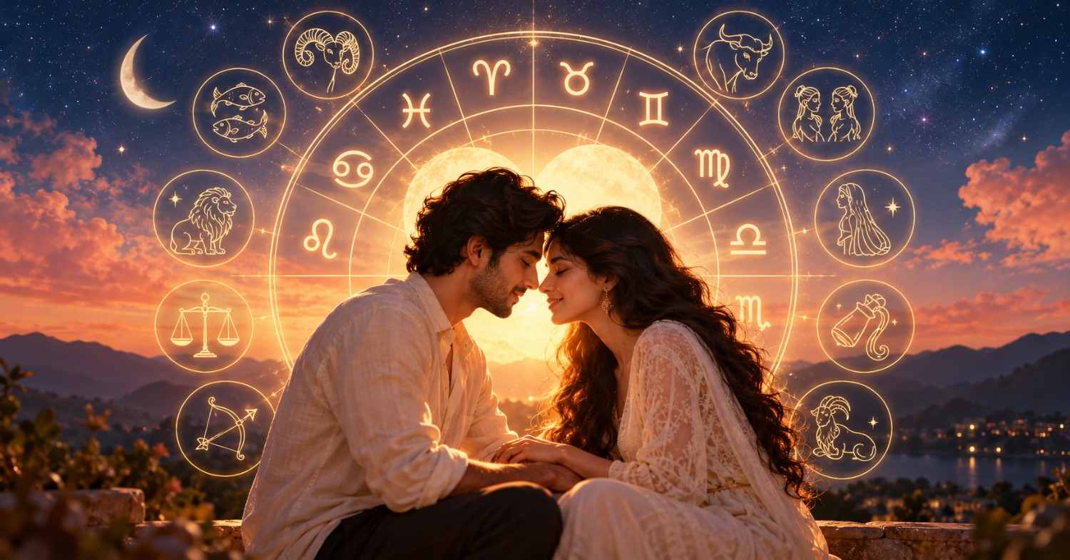 Romantic couple beneath a glowing zodiac wheel representing love between incompatible zodiac signs