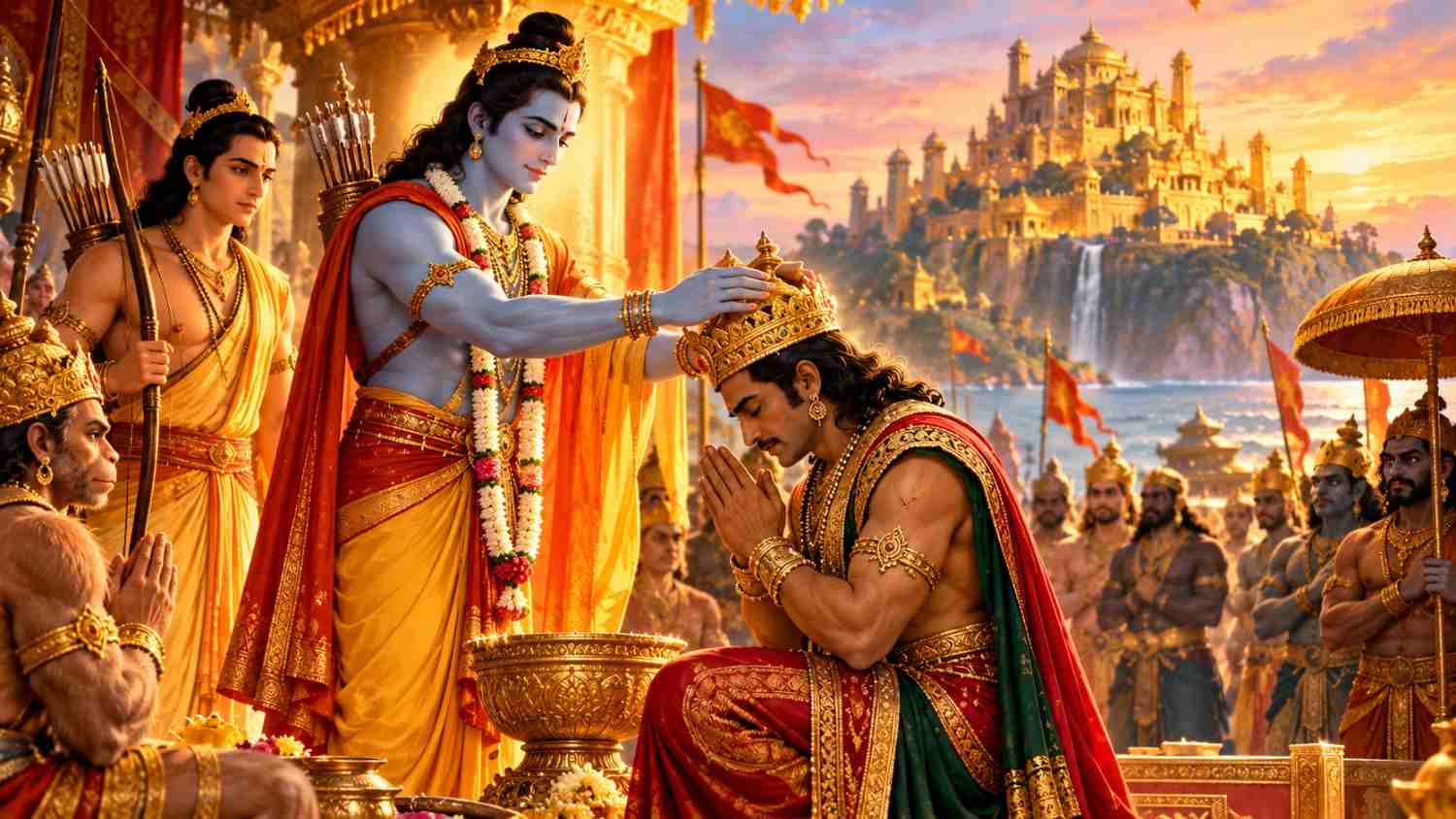 Shri Ram crowns Vibhishana as king of Lanka after Ravana’s defeat, with Lakshmana and other warriors witnessing the coronation.
