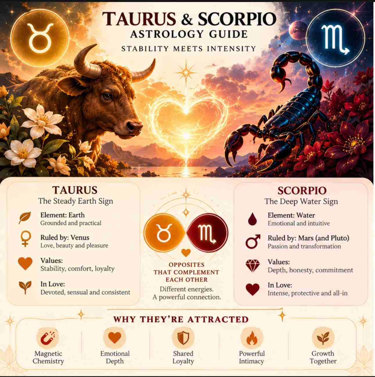 Taurus and Scorpio astrology guide infographic showing their zodiac symbols, personality traits, elements, love compatibility, and magnetic attraction.
