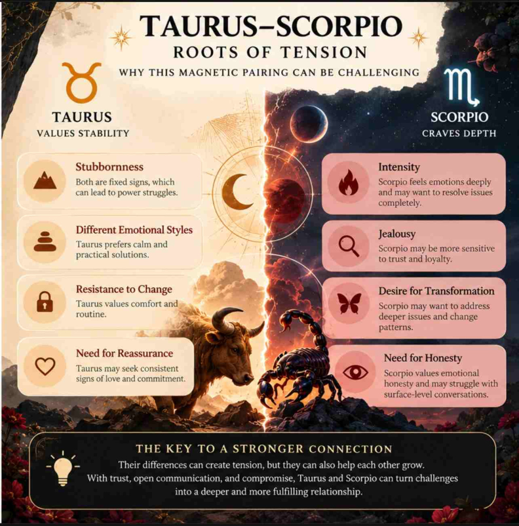 Taurus and Scorpio relationship challenges infographic illustrating stubbornness, emotional differences, resistance to change, jealousy, and trust issues.