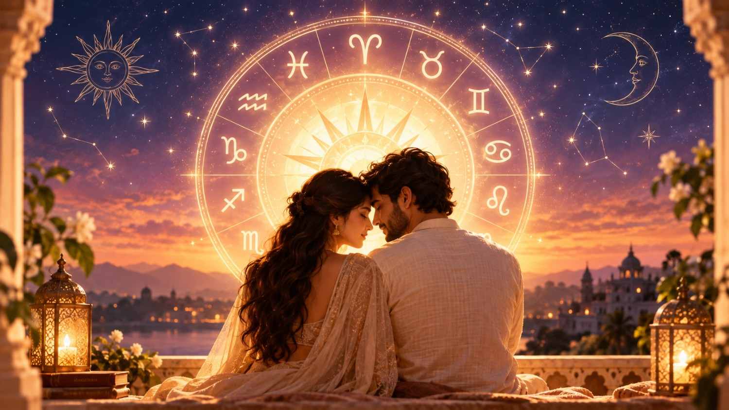 Romantic couple beneath a glowing zodiac wheel representing love, astrology, and zodiac compatibility.